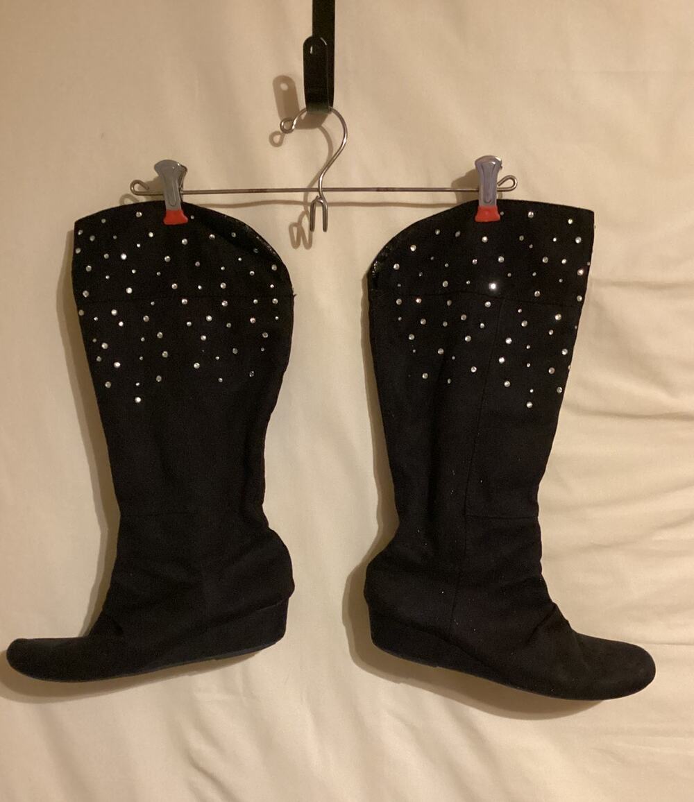 5085 Justice Womens High Boots Black Rhinestones Flat Heel Faux Suede Size 8